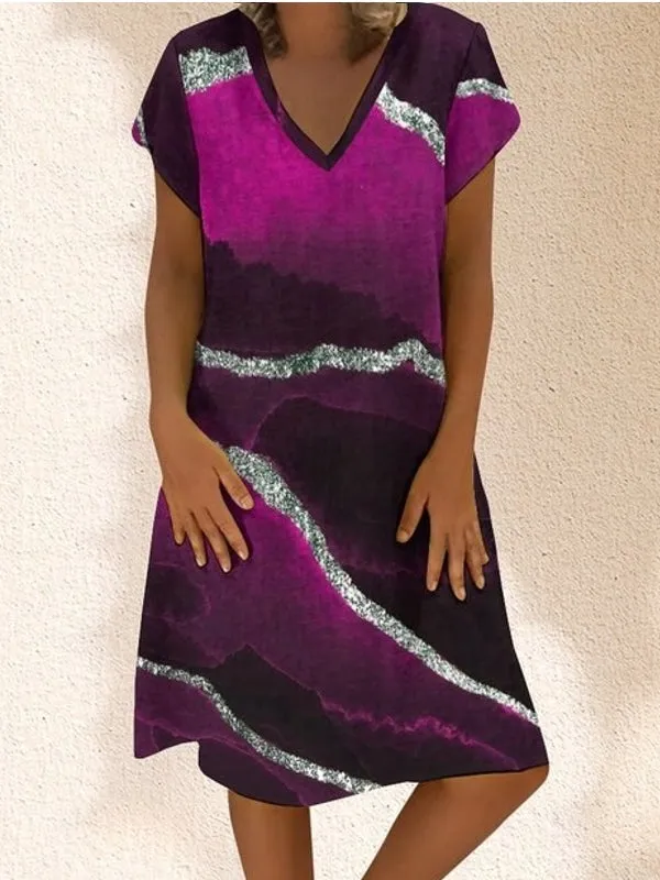 Contrast Color Gradient V-neck Short Sleeve Loose Casual Dress For Women