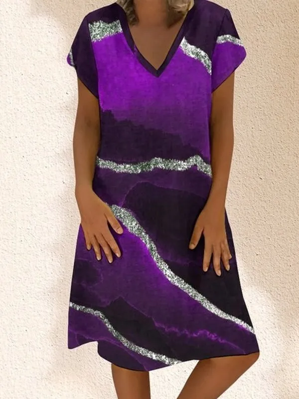 Contrast Color Gradient V-neck Short Sleeve Loose Casual Dress For Women