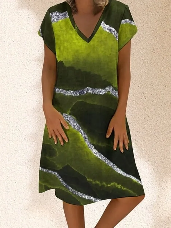 Contrast Color Gradient V-neck Short Sleeve Loose Casual Dress For Women