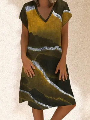Contrast Color Gradient V-neck Short Sleeve Loose Casual Dress For Women