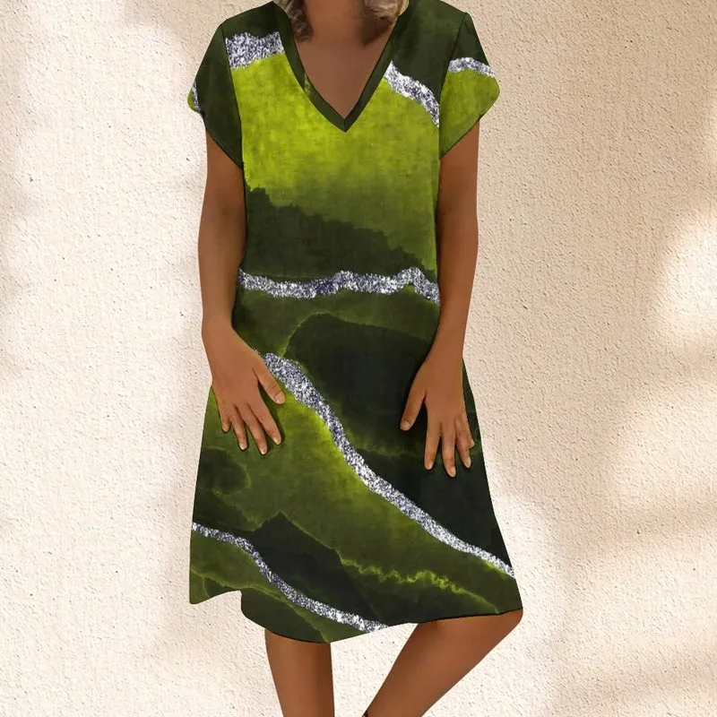 Contrast Color Gradient V-neck Short Sleeve Loose Casual Dress For Women