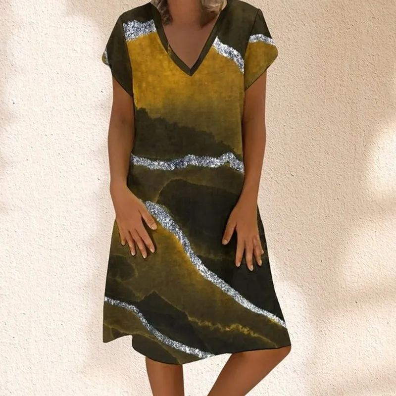 Contrast Color Gradient V-neck Short Sleeve Loose Casual Dress For Women