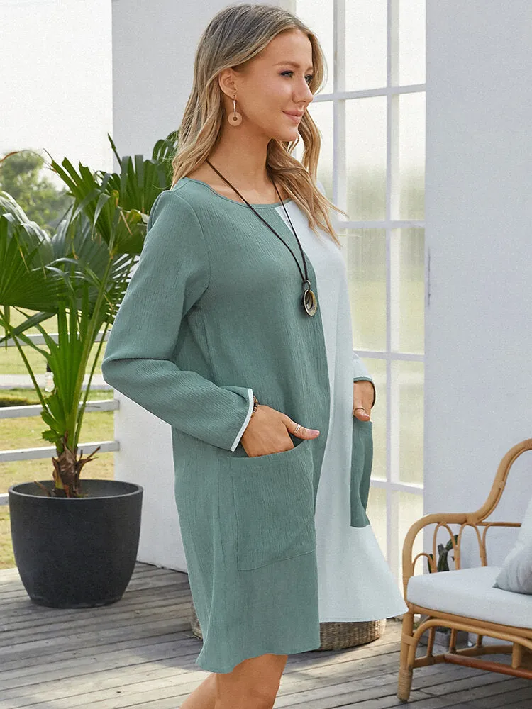 Contrast Color O-neck Long Sleeve Casual Pocket Women Mini Dress