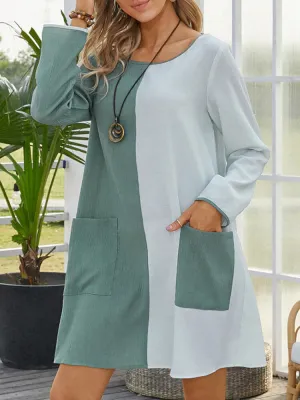 Contrast Color O-neck Long Sleeve Casual Pocket Women Mini Dress
