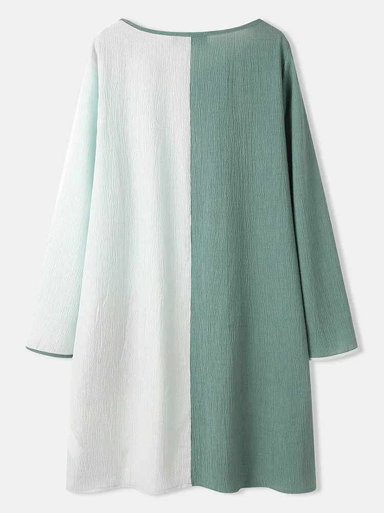 Contrast Color O-neck Long Sleeve Casual Pocket Women Mini Dress