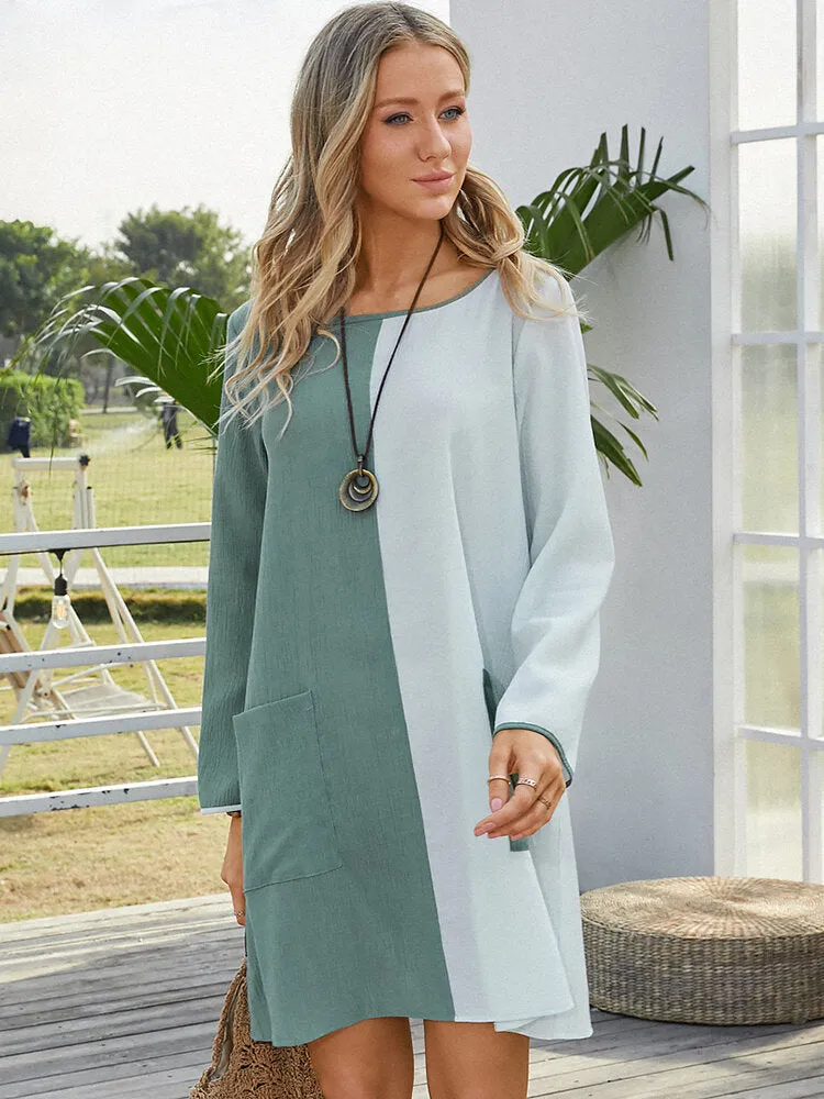 Contrast Color O-neck Long Sleeve Casual Pocket Women Mini Dress