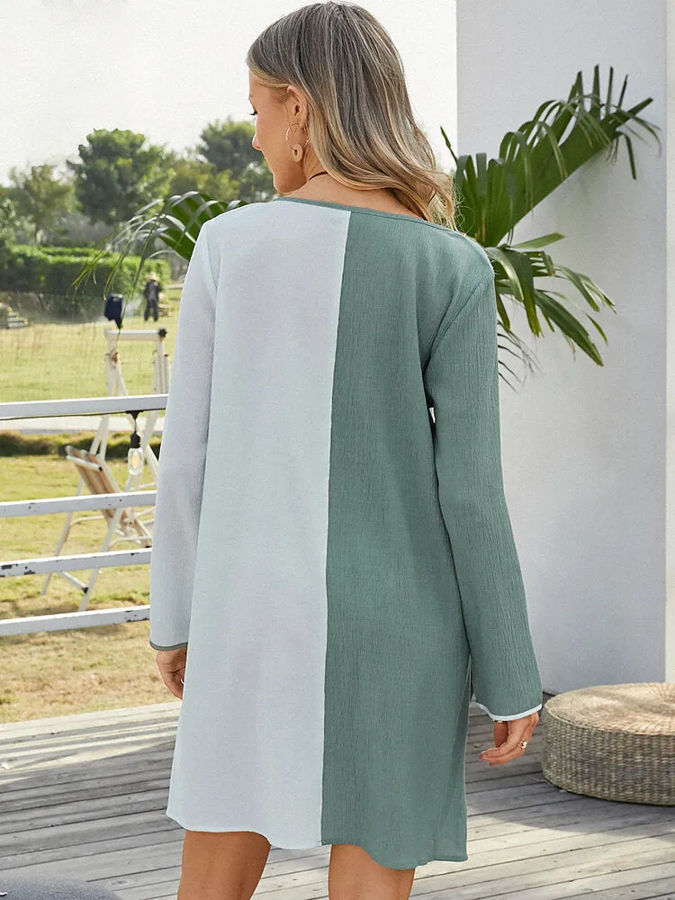 Contrast Color O-neck Long Sleeve Casual Pocket Women Mini Dress