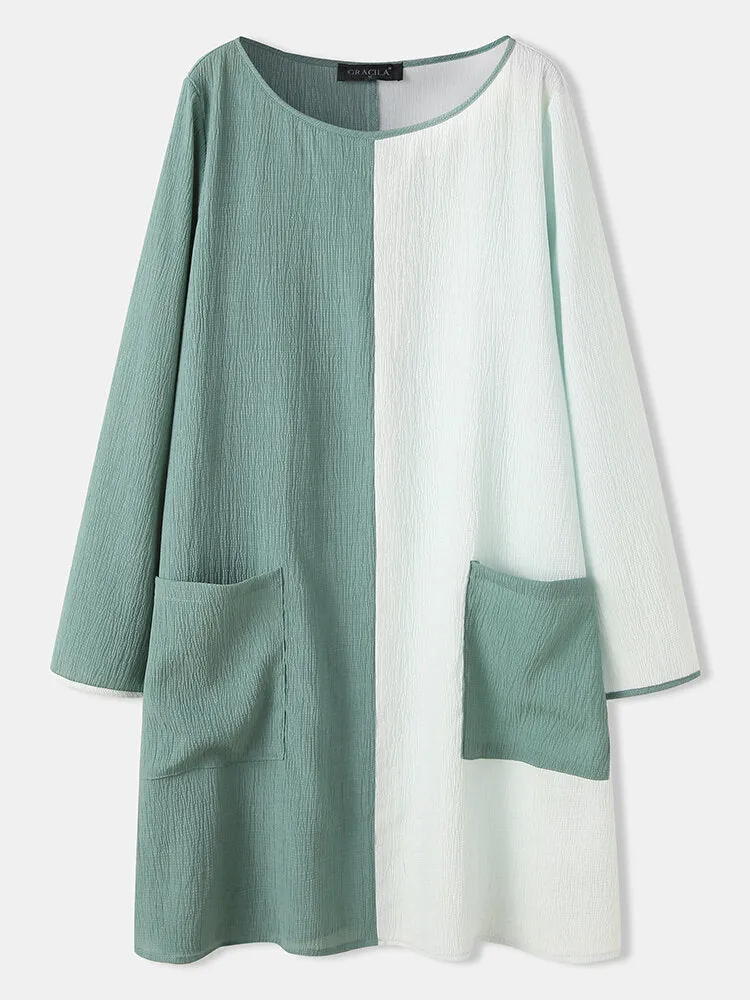 Contrast Color O-neck Long Sleeve Casual Pocket Women Mini Dress