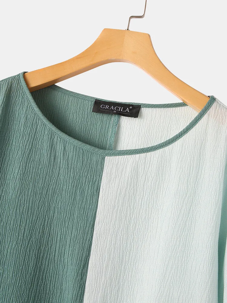 Contrast Color O-neck Long Sleeve Casual Pocket Women Mini Dress