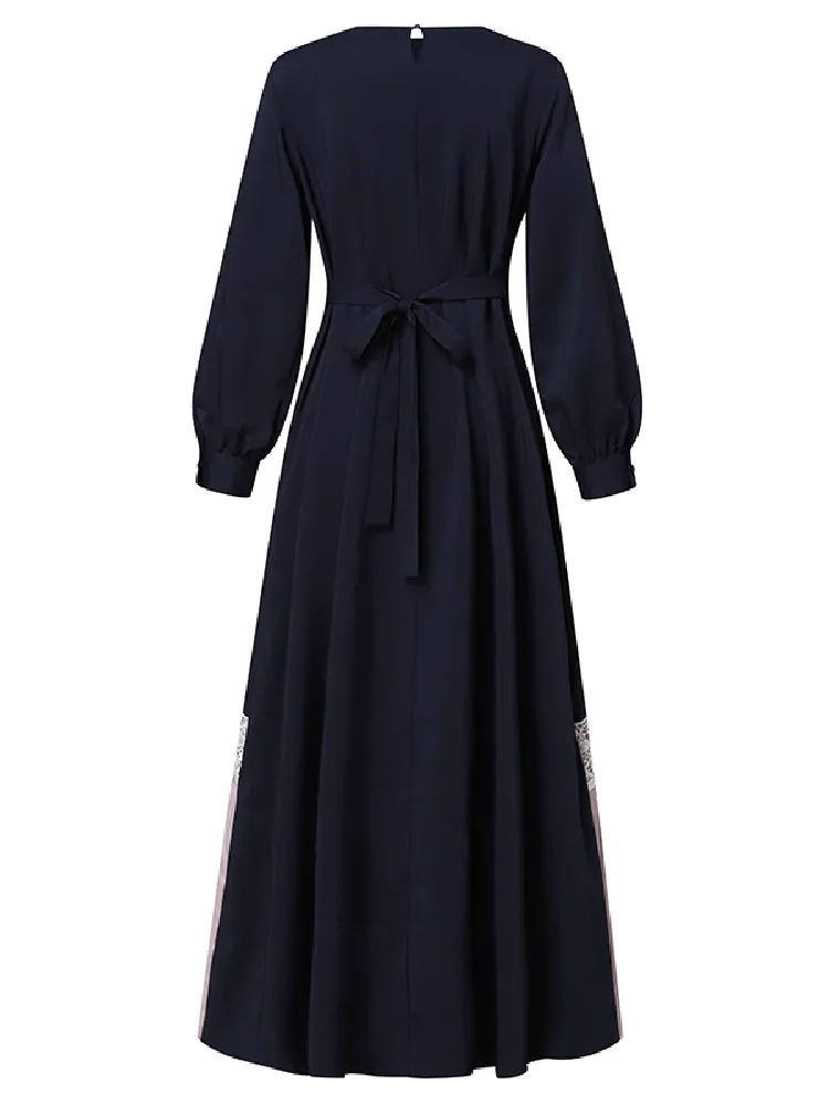 Contrast Color Patchwork Round Neck Casual Puff Sleeve Women Maxi Dress