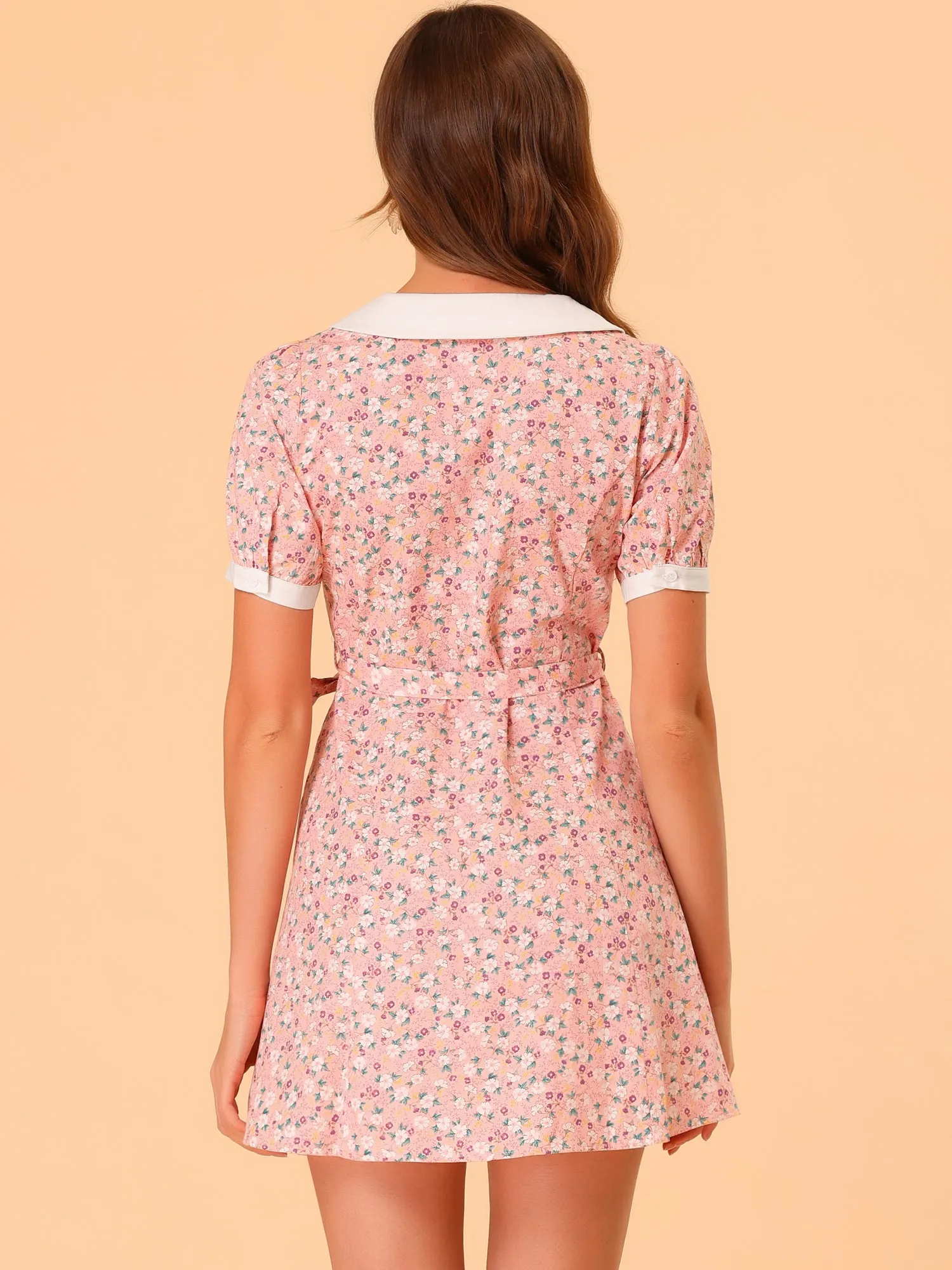 Cotton Collared Floral Print Button Down Belted Waist Shirt Dress