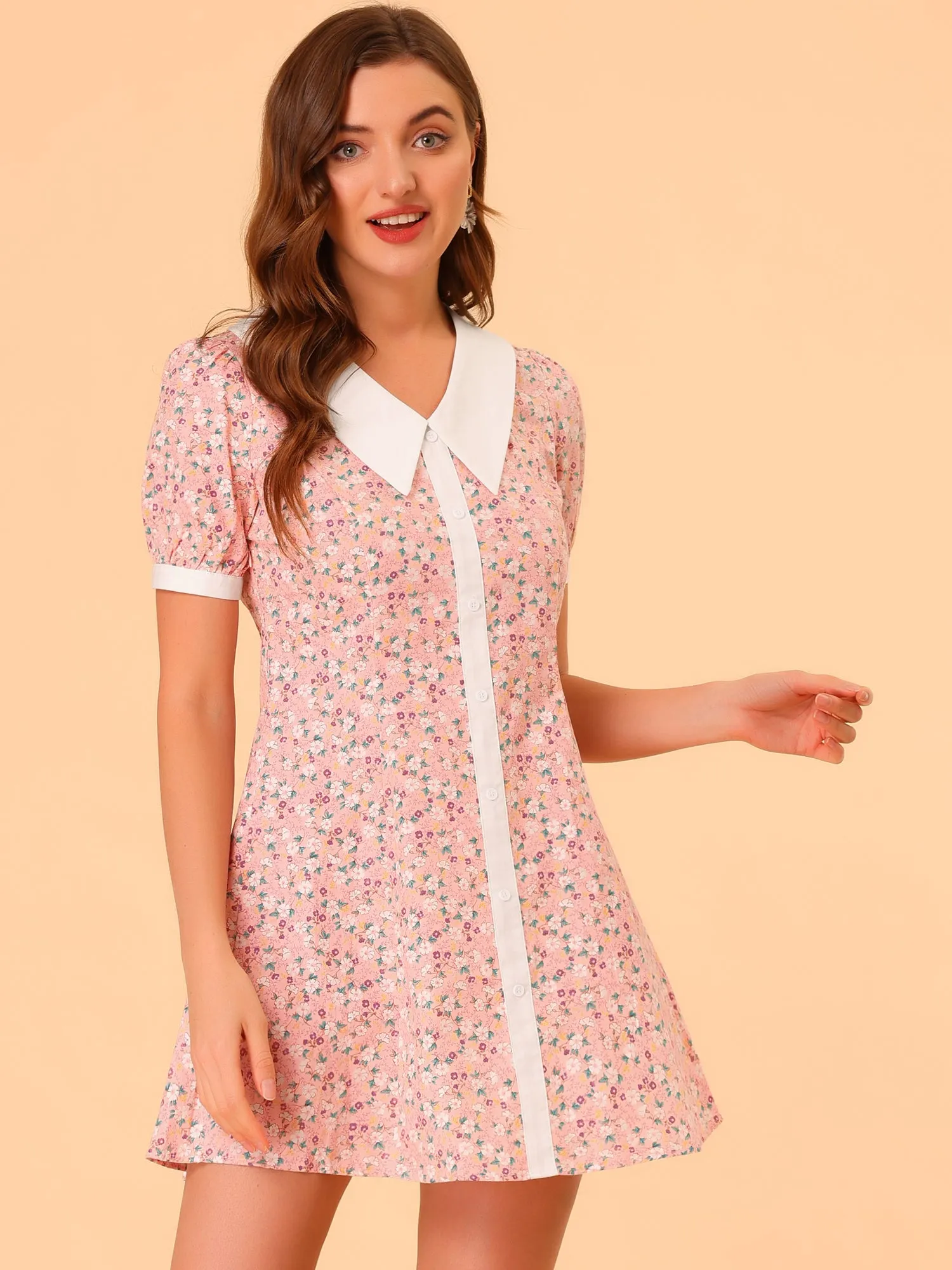 Cotton Collared Floral Print Button Down Belted Waist Shirt Dress