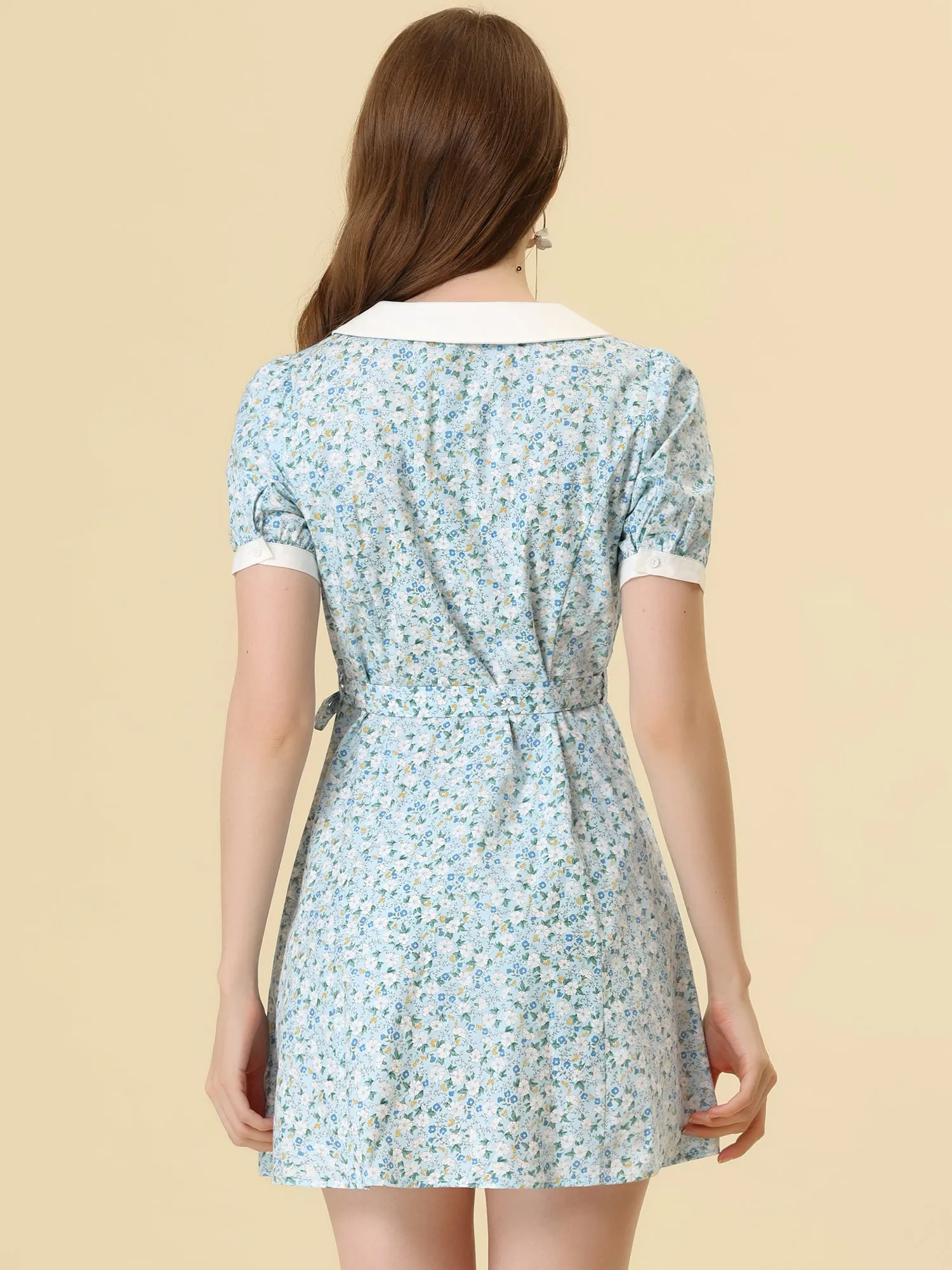 Cotton Collared Floral Print Button Down Belted Waist Shirt Dress