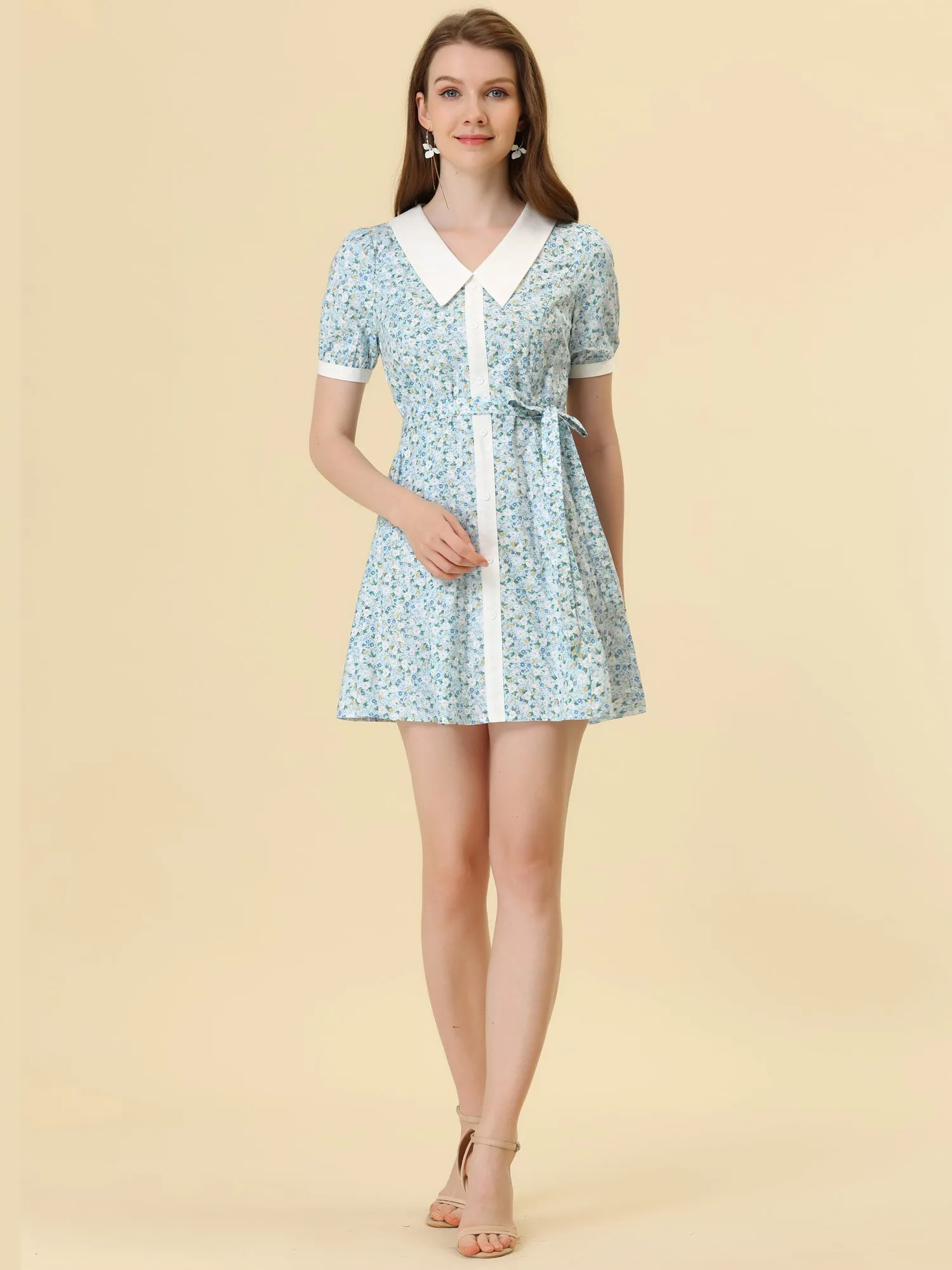 Cotton Collared Floral Print Button Down Belted Waist Shirt Dress