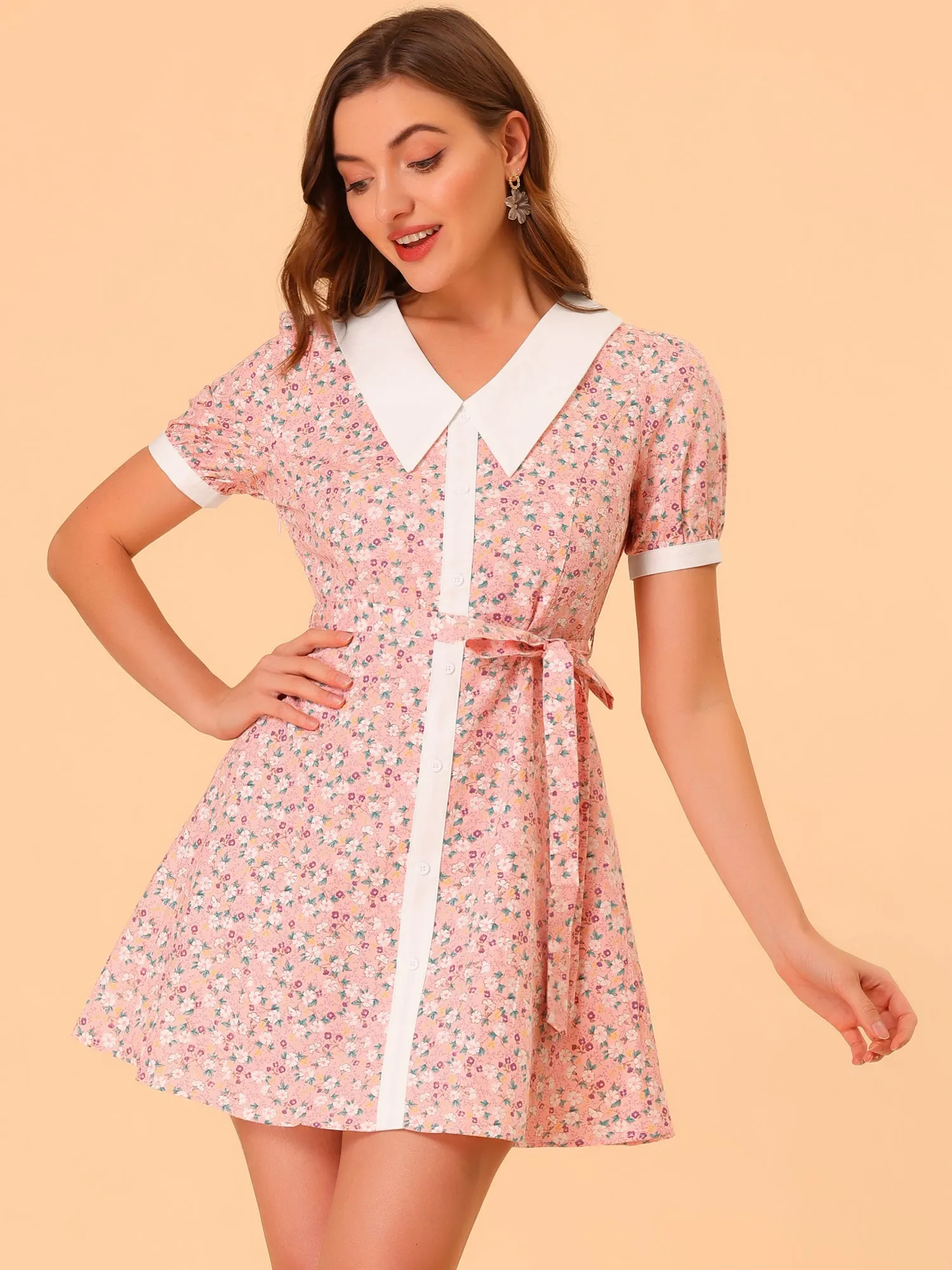 Cotton Collared Floral Print Button Down Belted Waist Shirt Dress