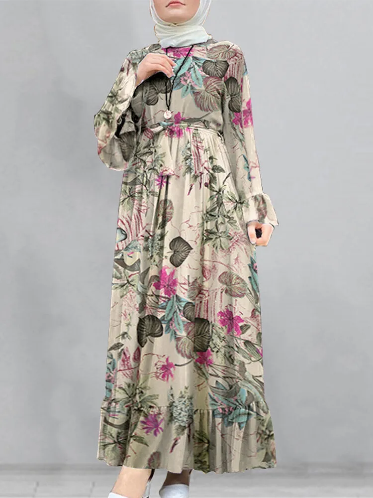 Cotton Floral Print Flare Sleeve Bandage Kaftan Loose Tunic Women Maxi Dress