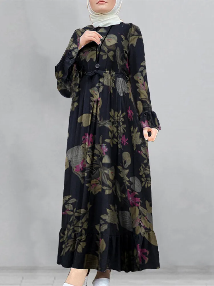 Cotton Floral Print Flare Sleeve Bandage Kaftan Loose Tunic Women Maxi Dress