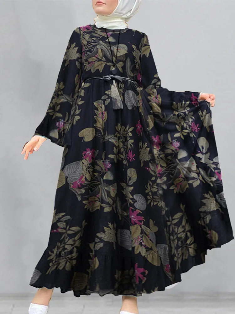 Cotton Floral Print Flare Sleeve Bandage Kaftan Loose Tunic Women Maxi Dress