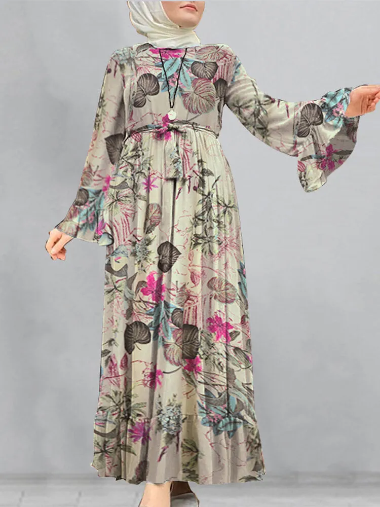 Cotton Floral Print Flare Sleeve Bandage Kaftan Loose Tunic Women Maxi Dress