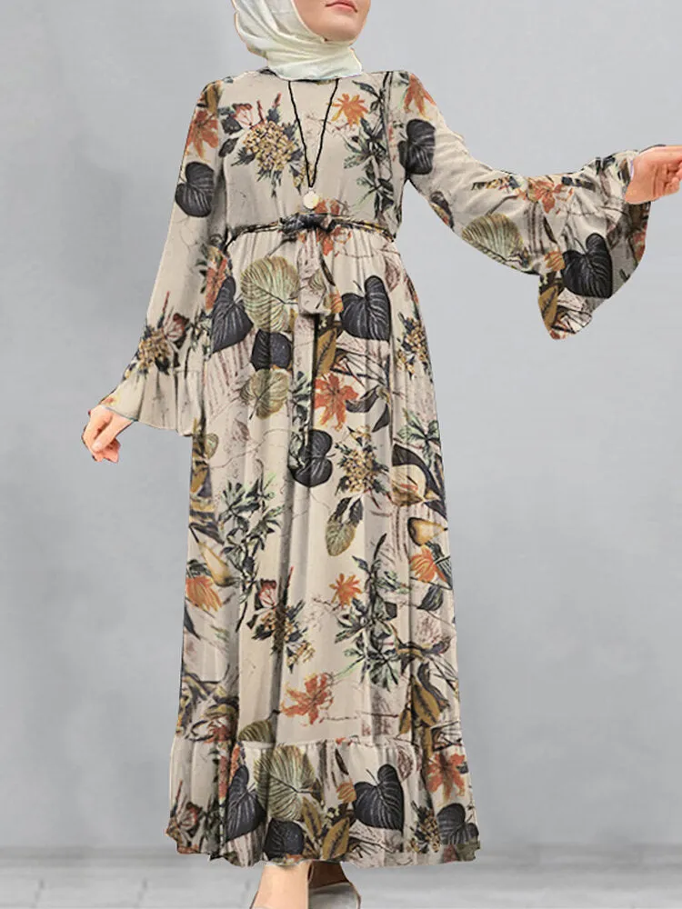 Cotton Floral Print Flare Sleeve Bandage Kaftan Loose Tunic Women Maxi Dress