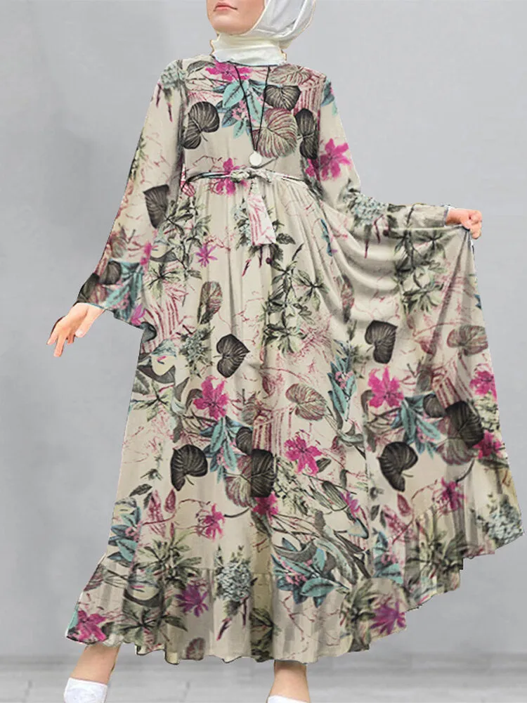 Cotton Floral Print Flare Sleeve Bandage Kaftan Loose Tunic Women Maxi Dress