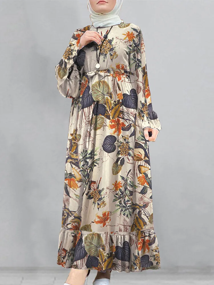 Cotton Floral Print Flare Sleeve Bandage Kaftan Loose Tunic Women Maxi Dress