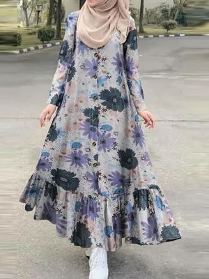 Cotton Floral Print Ruffles Hem Henry Neck Bohemian Long Sleeve Women Maxi Dress