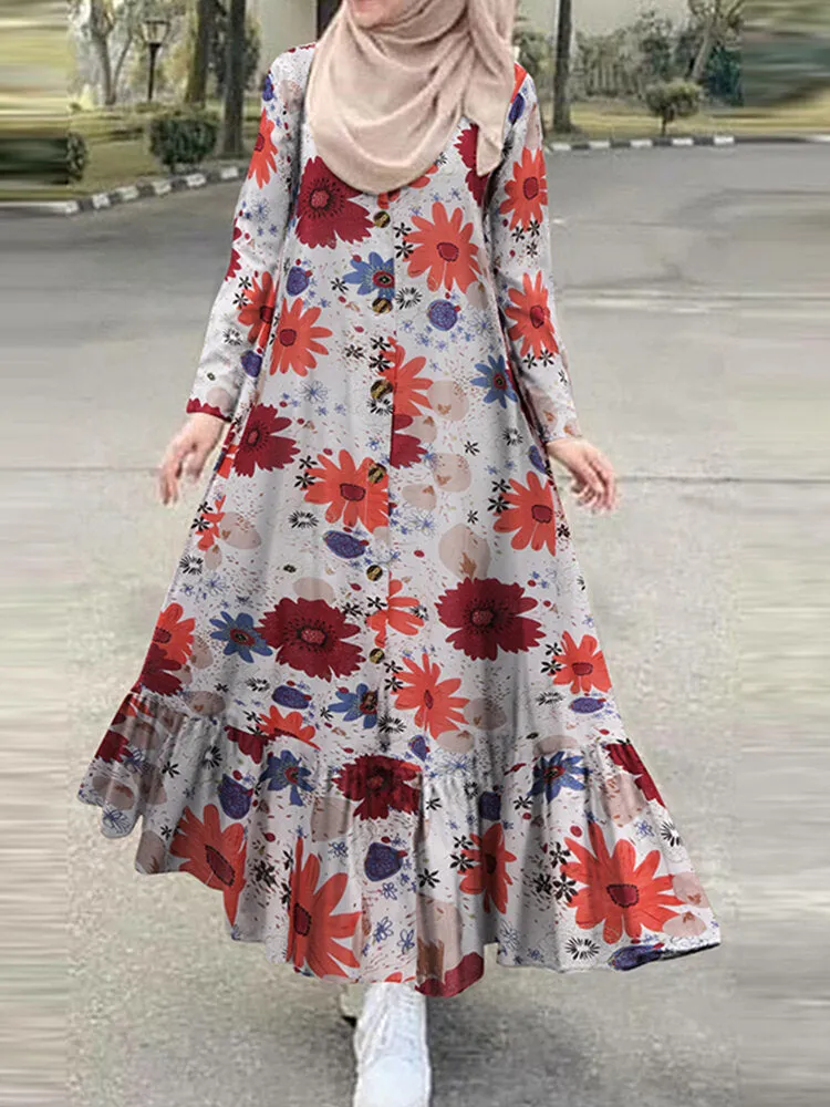 Cotton Floral Print Ruffles Hem Henry Neck Bohemian Long Sleeve Women Maxi Dress