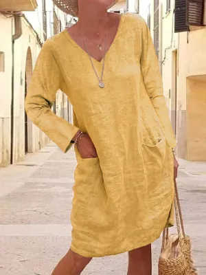 Cotton Solid V-neck Casual Long Sleeve Pockets Women Midi Dress