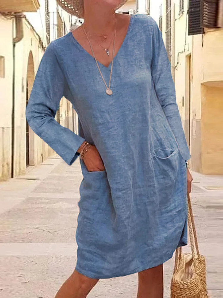 Cotton Solid V-neck Casual Long Sleeve Pockets Women Midi Dress