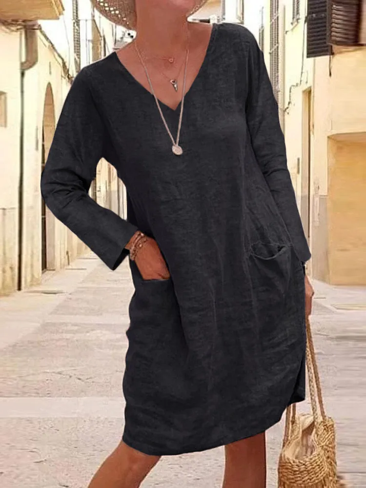 Cotton Solid V-neck Casual Long Sleeve Pockets Women Midi Dress