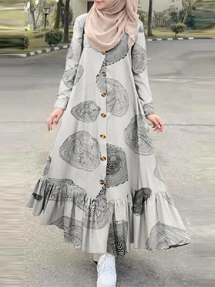 Cotton Tree Stump Print Ruffle Hem Long Sleeve Muslim Women Maxi Dress