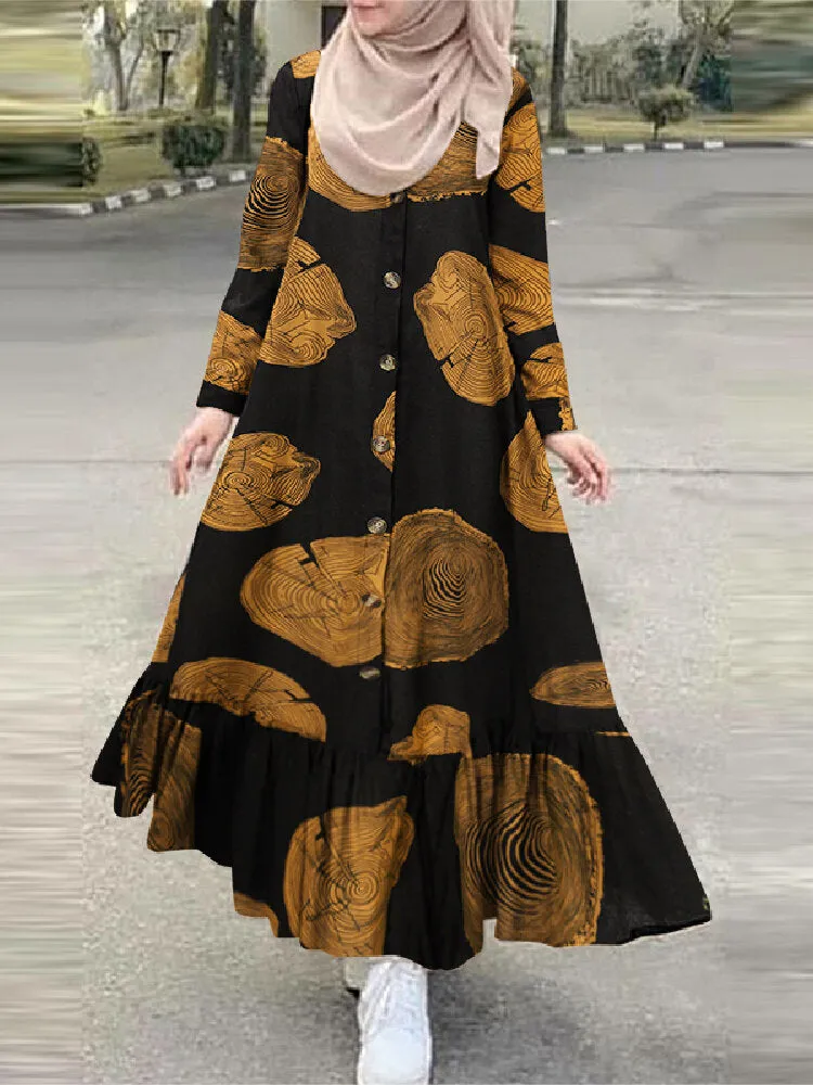 Cotton Tree Stump Print Ruffle Hem Long Sleeve Muslim Women Maxi Dress