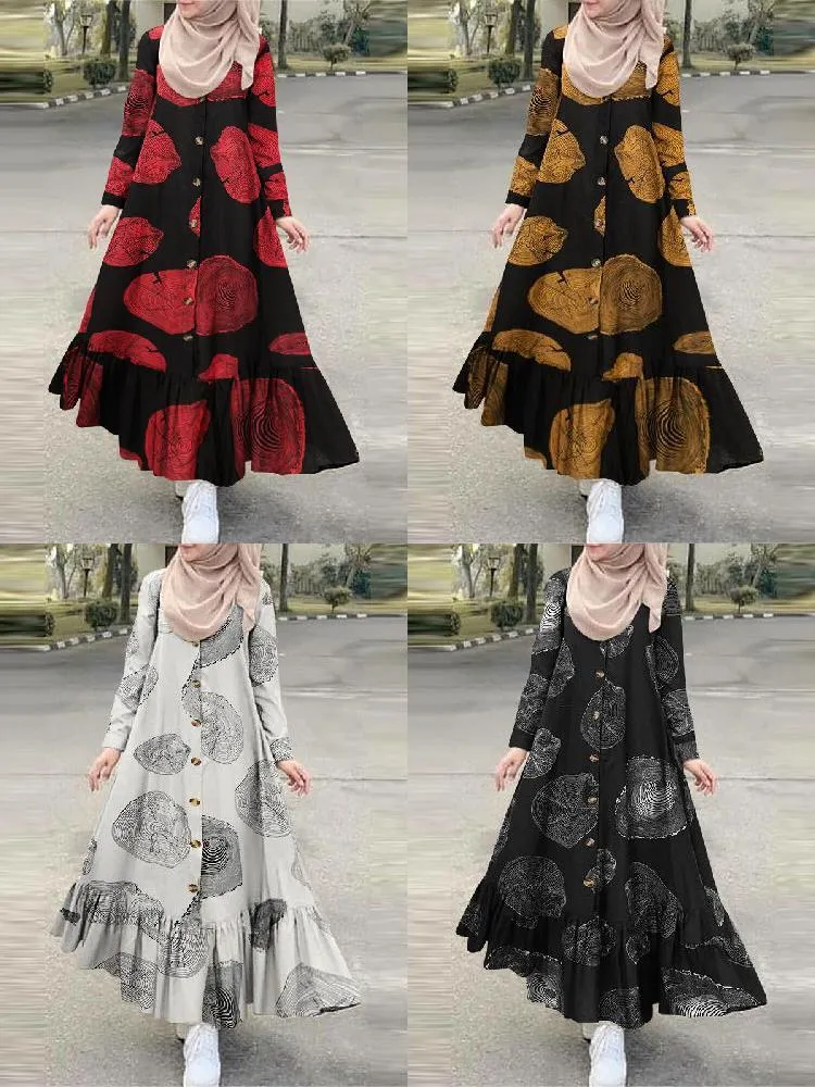 Cotton Tree Stump Print Ruffle Hem Long Sleeve Muslim Women Maxi Dress