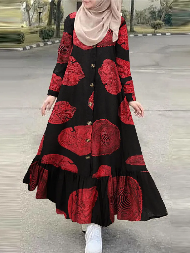 Cotton Tree Stump Print Ruffle Hem Long Sleeve Muslim Women Maxi Dress