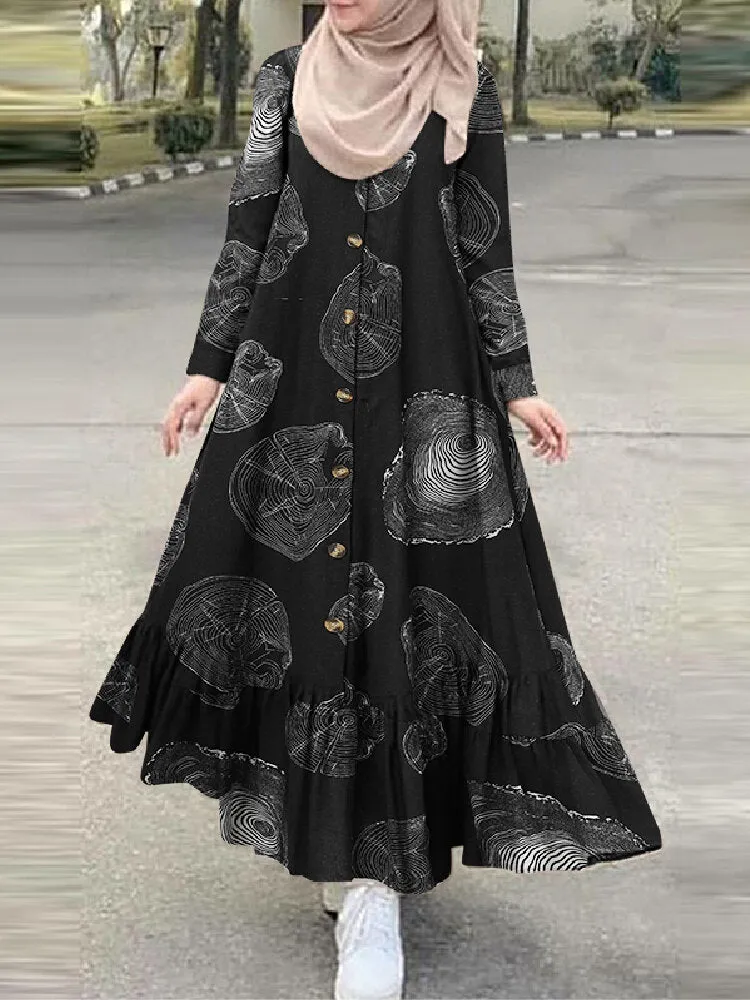 Cotton Tree Stump Print Ruffle Hem Long Sleeve Muslim Women Maxi Dress