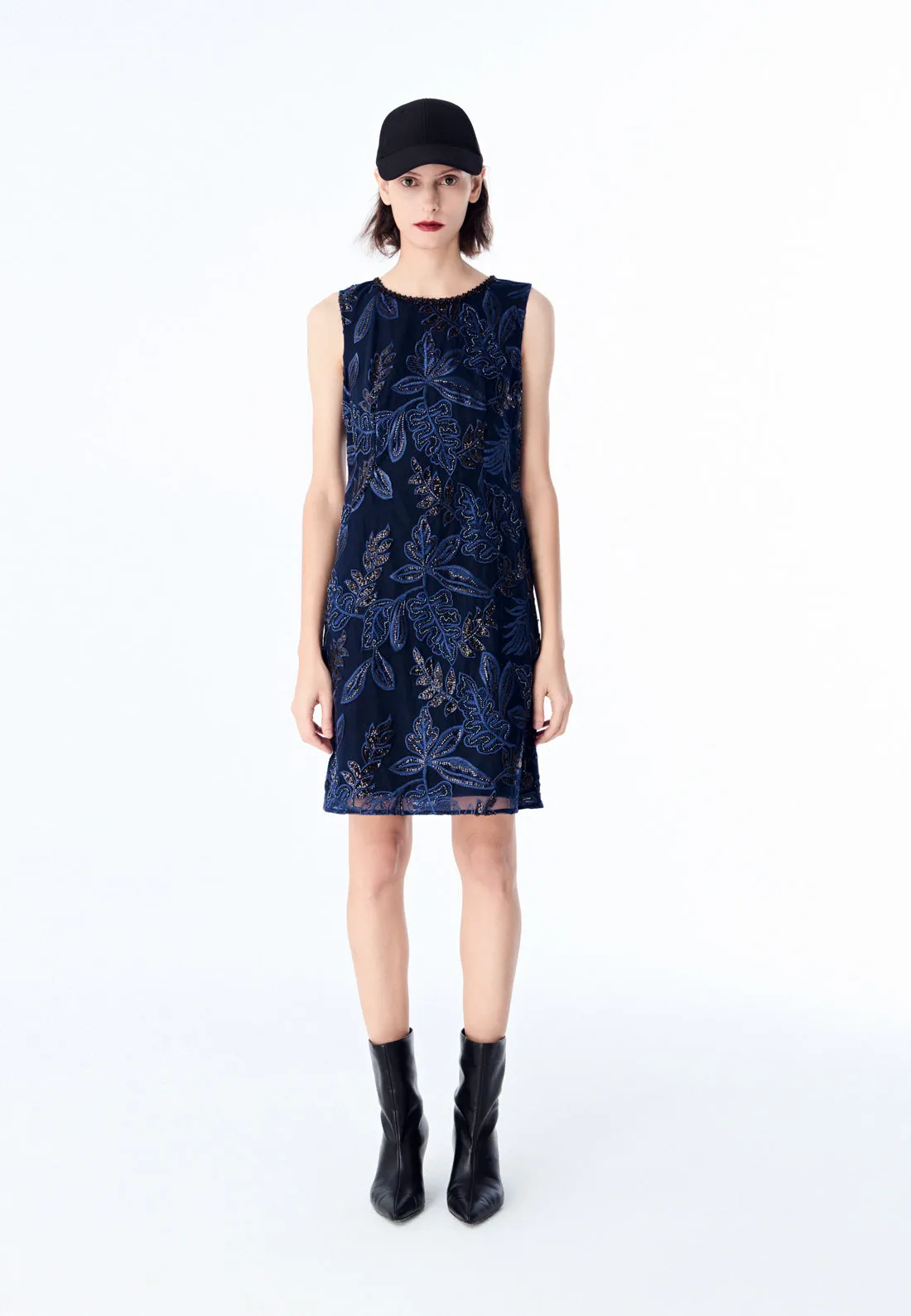 Dark Blue Embroidered Mesh Sleeveless Dress