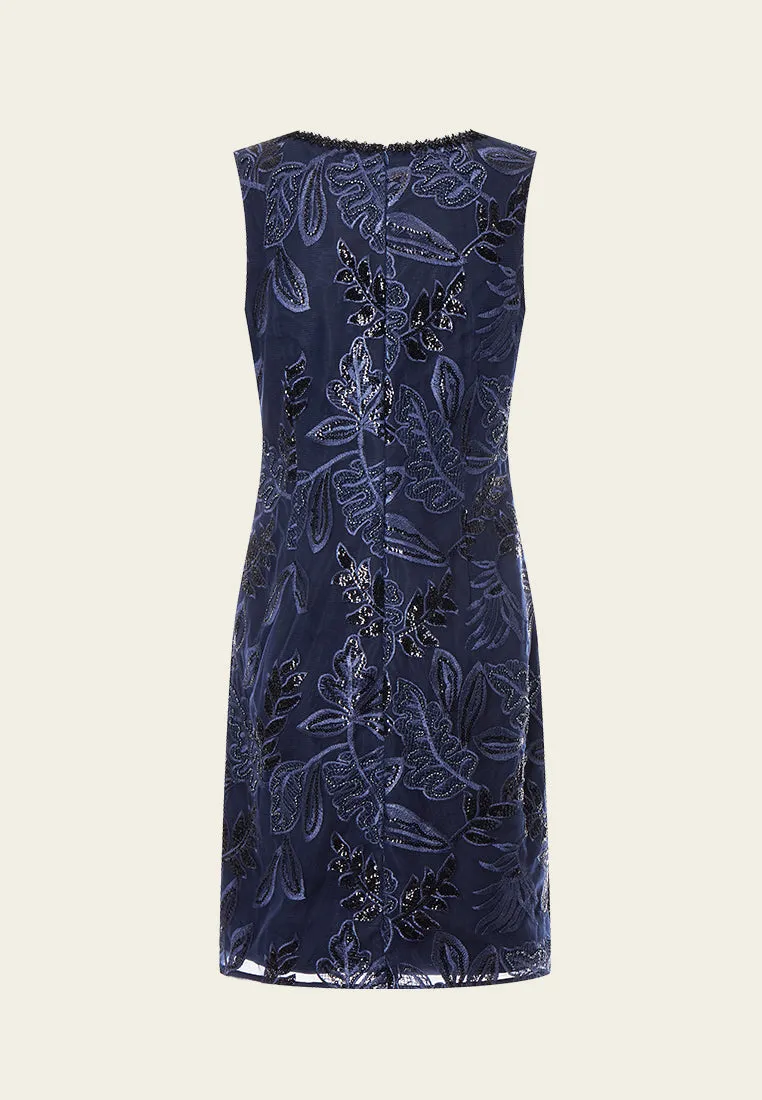 Dark Blue Embroidered Mesh Sleeveless Dress