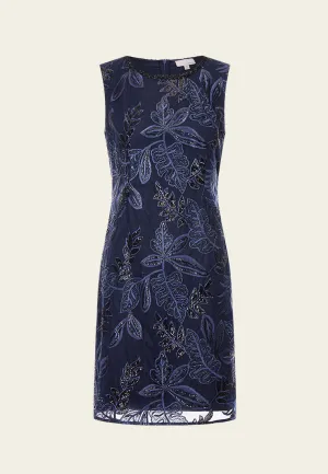 Dark Blue Embroidered Mesh Sleeveless Dress