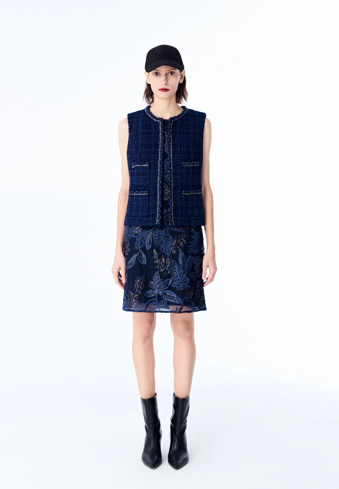 Dark Blue Embroidered Mesh Sleeveless Dress