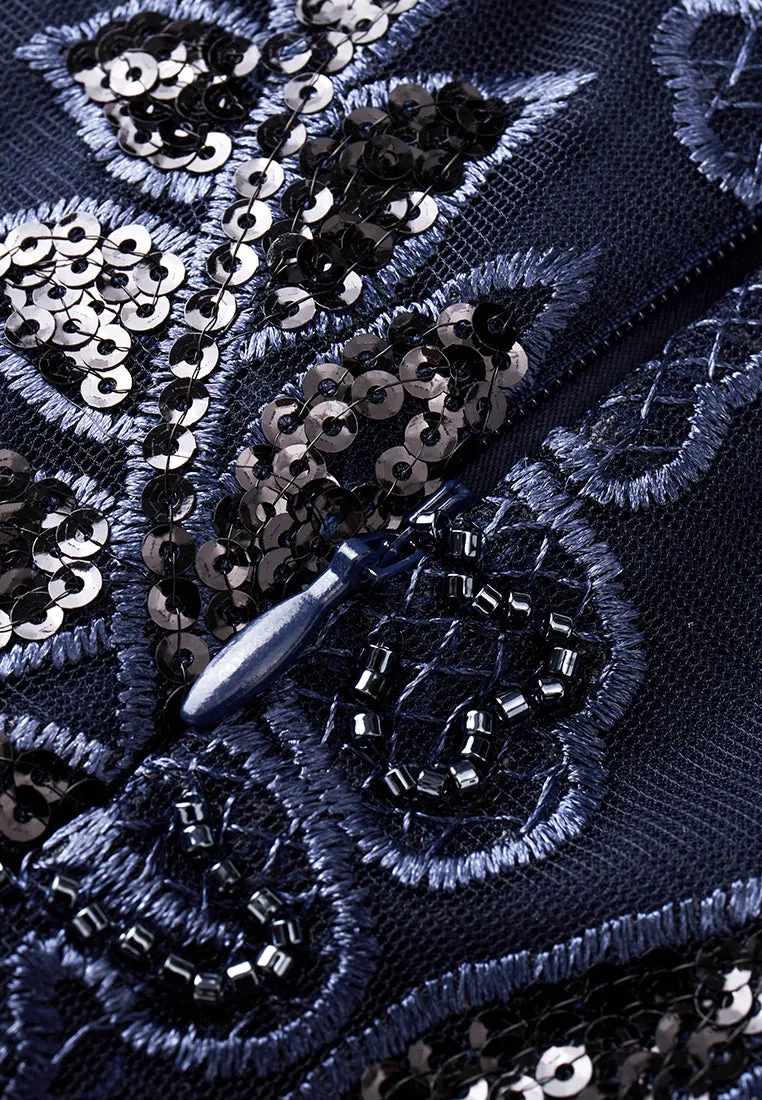 Dark Blue Embroidered Mesh Sleeveless Dress