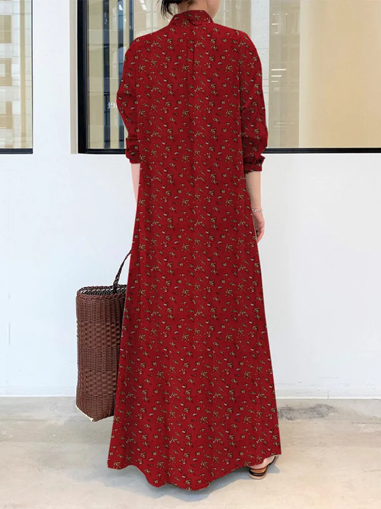 Ditsy Floral Print Long Sleeve Lapel Collar Vintage Shirt Pocket Women Maxi Dress