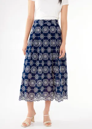 Eden Midi Skirt Navy Medallion Eyelet
