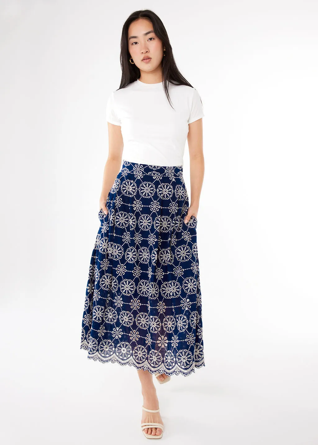Eden Midi Skirt Navy Medallion Eyelet