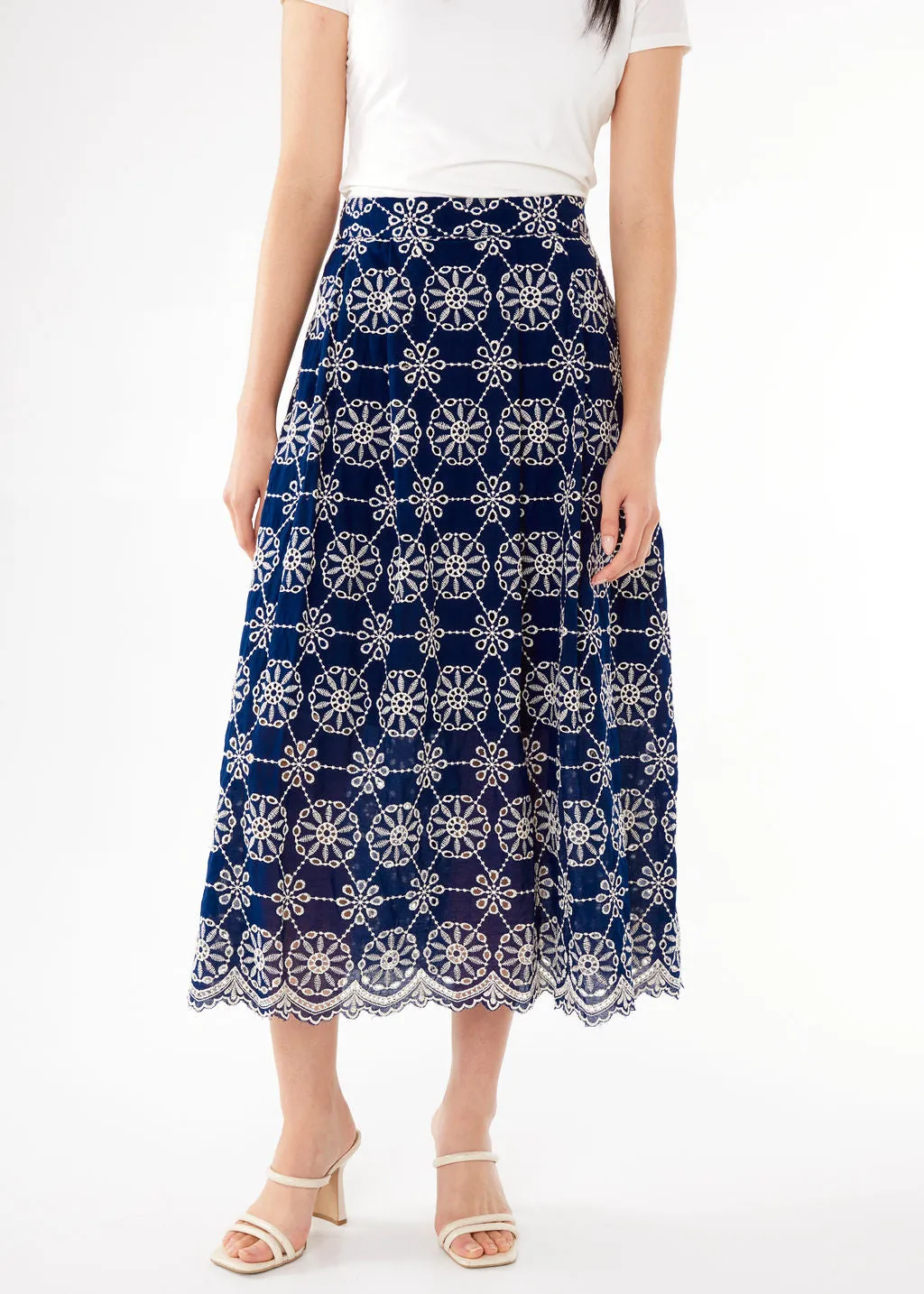 Eden Midi Skirt Navy Medallion Eyelet