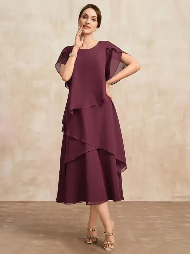 Elegant Women Burgundy Chiffon Midi Dress