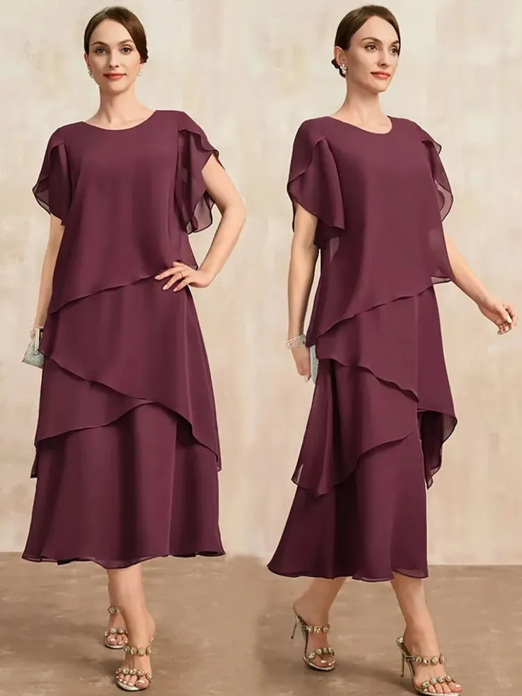 Elegant Women Burgundy Chiffon Midi Dress