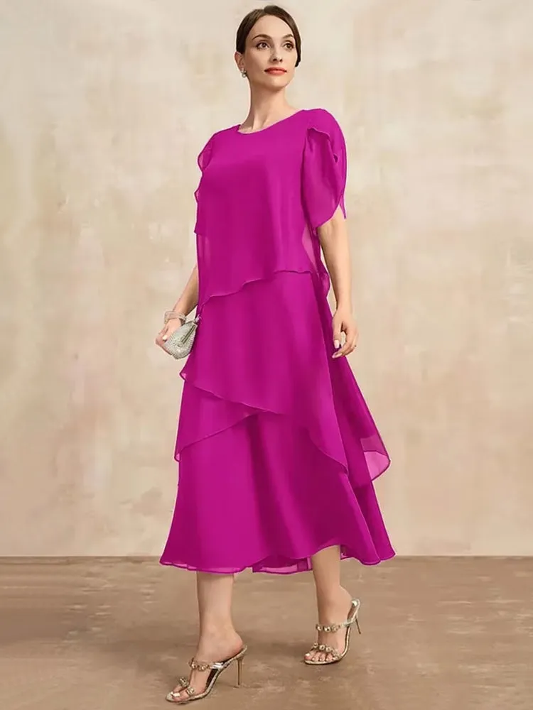 Elegant Women Burgundy Chiffon Midi Dress