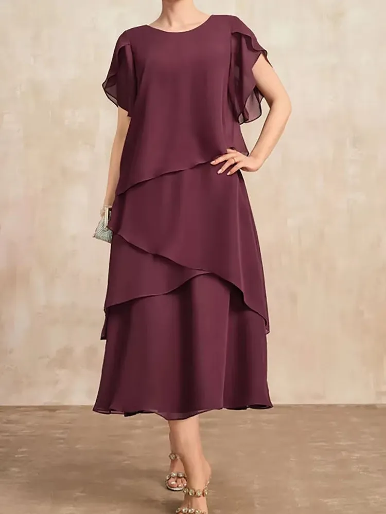 Elegant Women Burgundy Chiffon Midi Dress