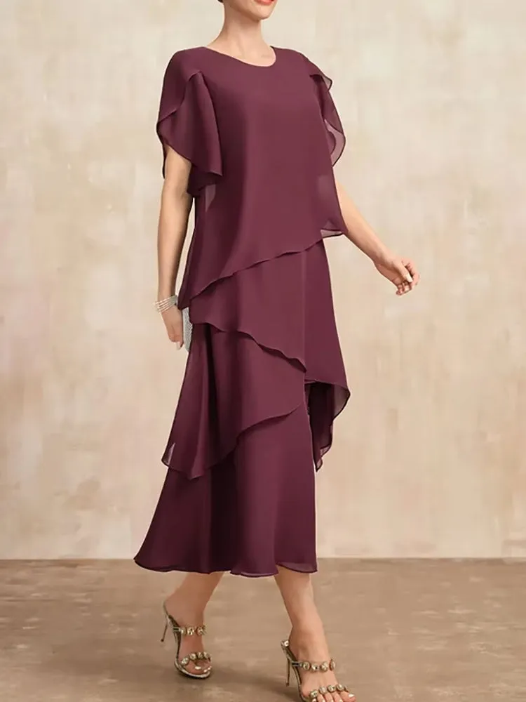 Elegant Women Burgundy Chiffon Midi Dress